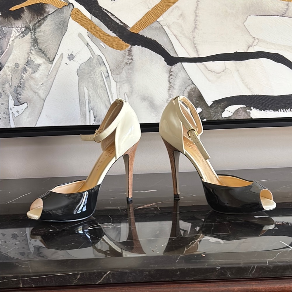 Ivanka Trump Black and Cream Peep-Toe Heels